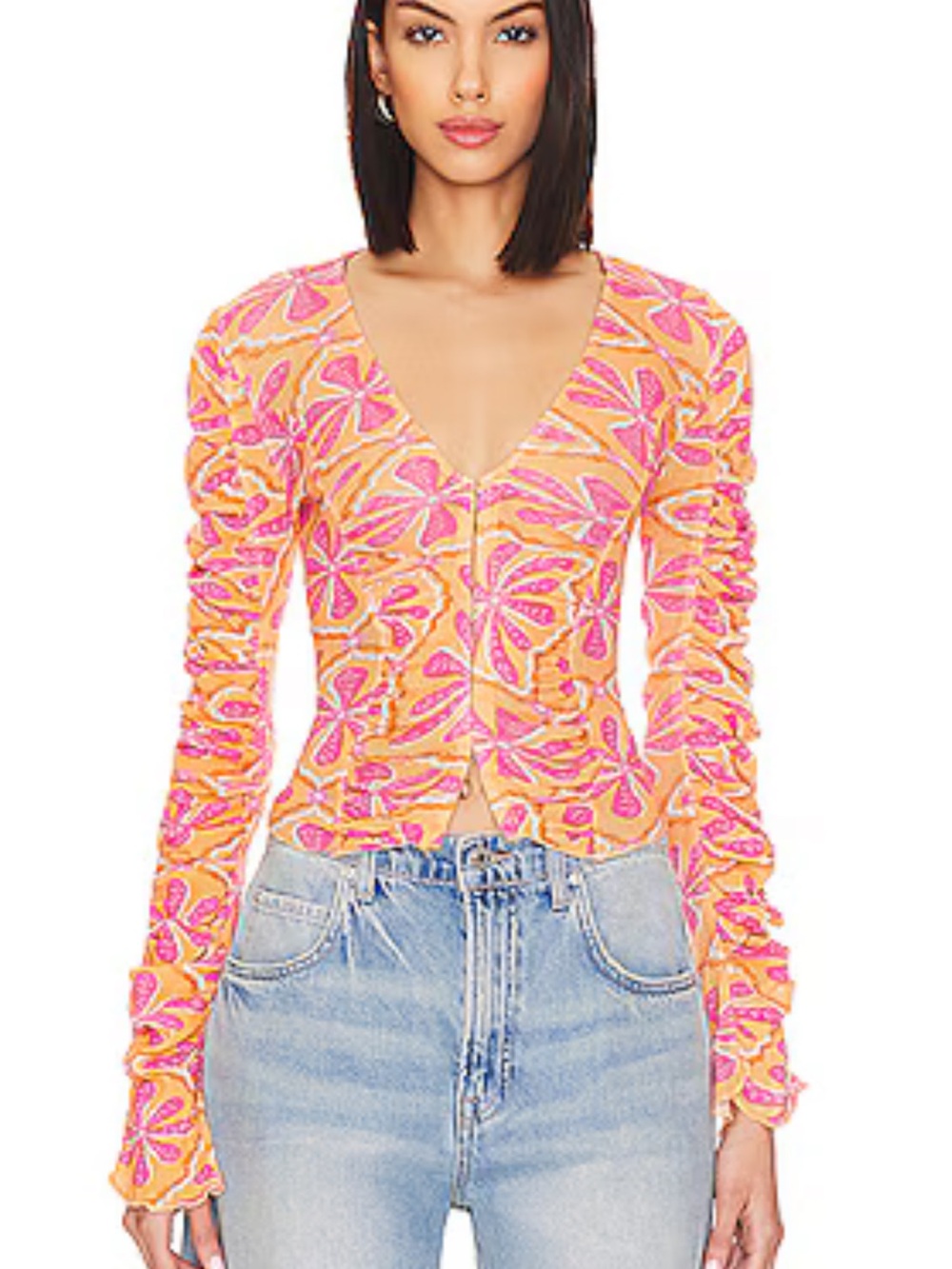 Free People Pink & Orange Floral Button-Front V-Neck Top